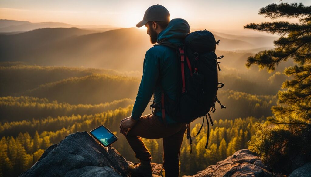 Backpacker using GPS navigation amidst wilderness