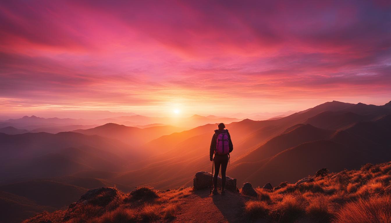 Backpacker witnessing a breathtaking sunrise